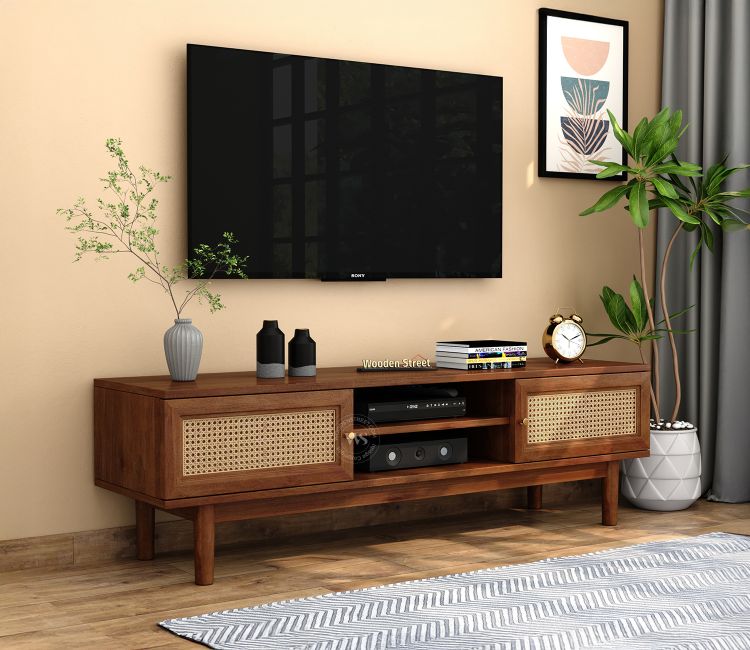 Caneva TV Panel Design With Door Cabinets, Open Shelf &amp; Cane Detailing in Solid Wood