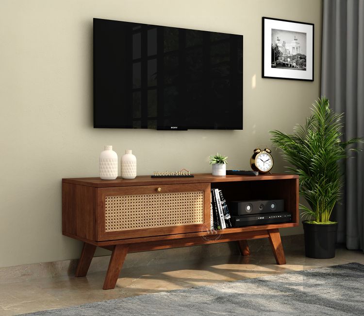 Droid Premium Solid Wood TV Unit With Pull-Down Door Cabinet, Open Shelf &amp; Cane Detailing | Contemporary Design &amp; Ample Storage TV Media Console Suitable For Up To 45 Inch TV (Mango Wood, Teak Finish)