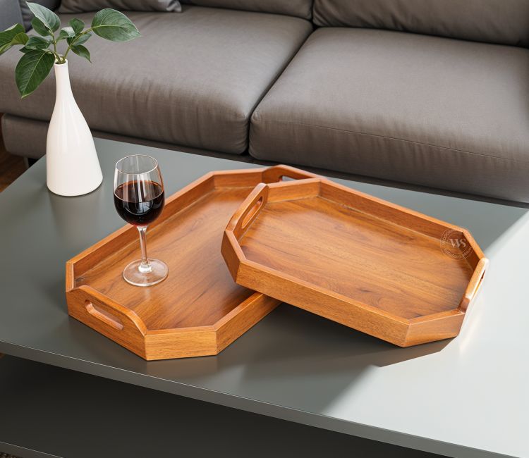 Buy Mango Wood Handcrafted Octagonal Serving Tray Set of Two From Wooden Street  -  45.7 L x 30.5 W cm