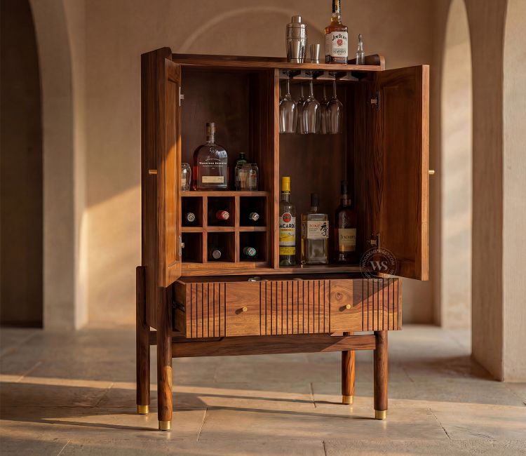 Amodh Sheesham Wood Bar Cabinet with Fluted Glass &amp; Brass Detailing (Teak Finish)