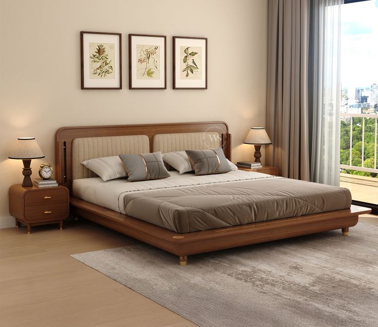 Lotus Premium Ash Wood Bed with Brass Inlay (King Size, Teak Finish)