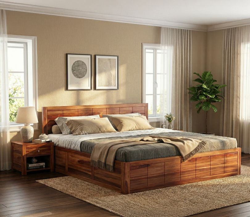 Brixton Sheesham Wood Bed With Box Storage (King Size, Honey Finish)
