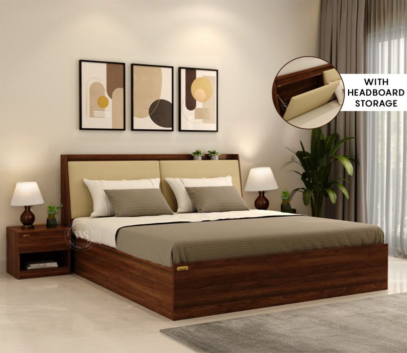 Calmora Engineered Wood Bed with Upholstered Headboard and Spacious Box Storage by woodenstreet