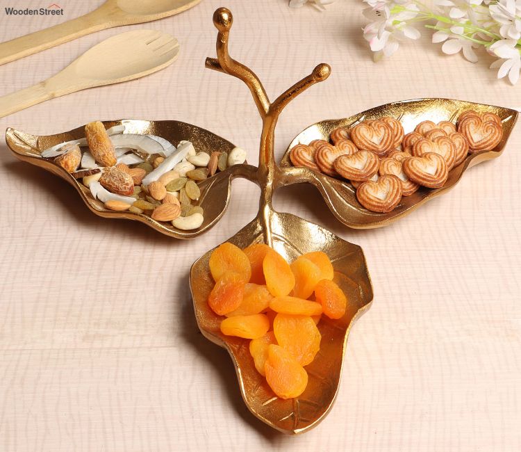 Gold Aluminum 3 Leaf stylish serving platters &amp; serving plates online