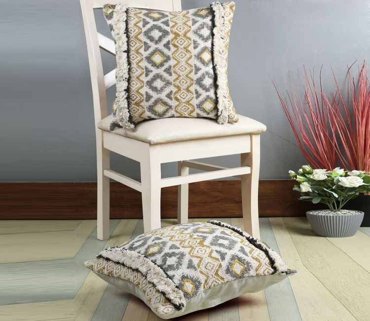 Beige Cotton Designer 18 x 18 inches Cushion Cover Set of 2 | sofa cushion cover with zipper
