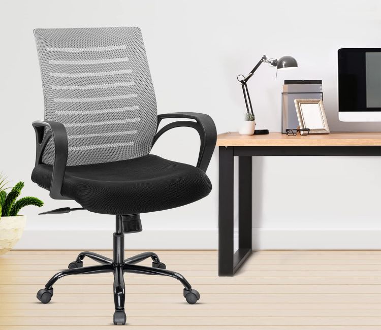 Atom Breathable Mesh Adjustable Ergonomic Office Chair (Grey) – Grey mesh ergonomic office chair with adjustable height and lumbar support.