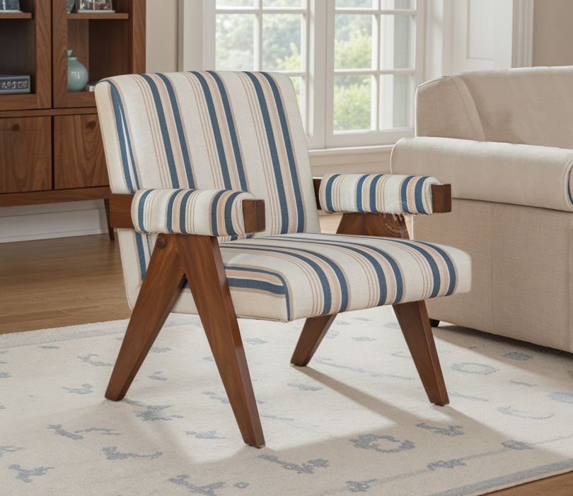 Troupe Sheesham Wood Chandigarh Chair with Premium Upholstery (Blue Stripes, Teak Finish)