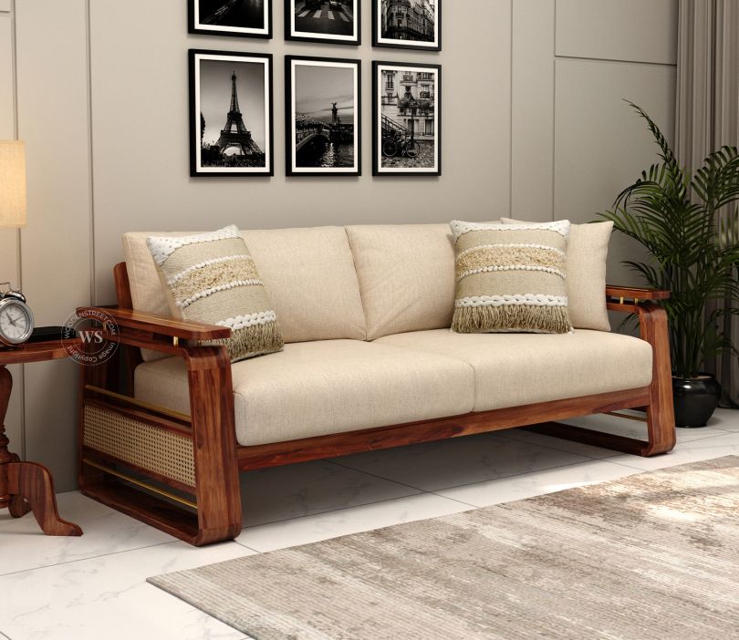 Vedic 3 Seater Sheesham Wood Sofa With Cane and Brass Detailing (Honey Finish, Jade Ivory)