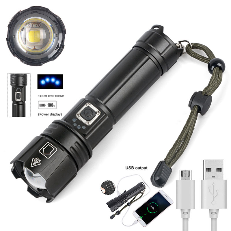 XHP70 LED Flashlight 3000 Lumens USB Charging Input and Output Telescopic Zoom 18650 Strong Light Flashlight