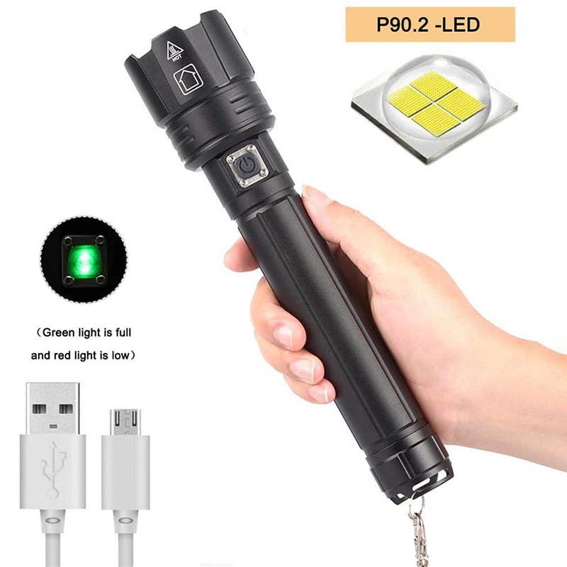 P90.2 LED Flashlight USB Rechargeable 26650 Aluminum Alloy Telescopic Zoom Strong Light Outdoor Flashlight
