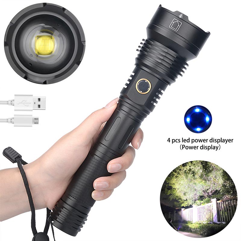 P90 LED Flashlight 3700 Lumens Outdoor Strong Light Zoom Flashlight USB Rechargeable 26650